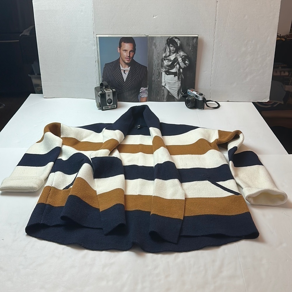 FATE Striped Shawl Collar Cardigan Sweater Navy Camel Ivory L
